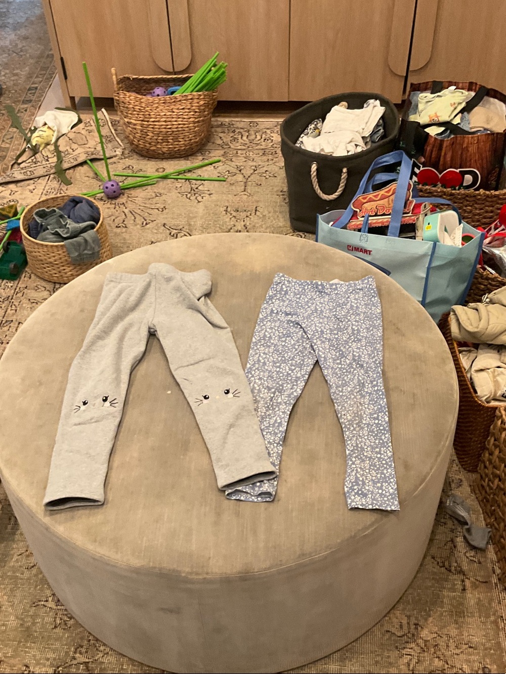 Kids Grey Cat Face Leggings & Blue Floral Leggings - Pack of 2